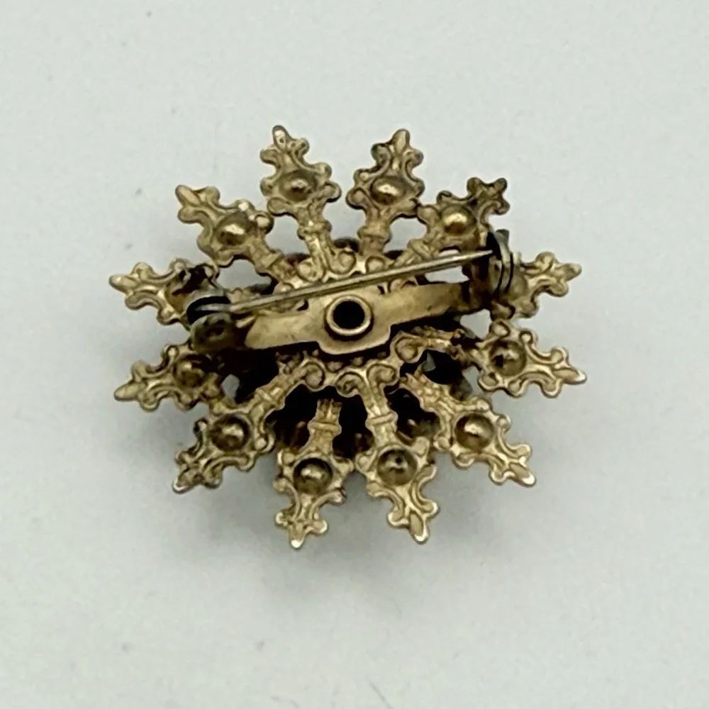 Vintage Starburst Brooch Light Blue Rhinestone Faux Pearl Gold Tone Sunburst Pin